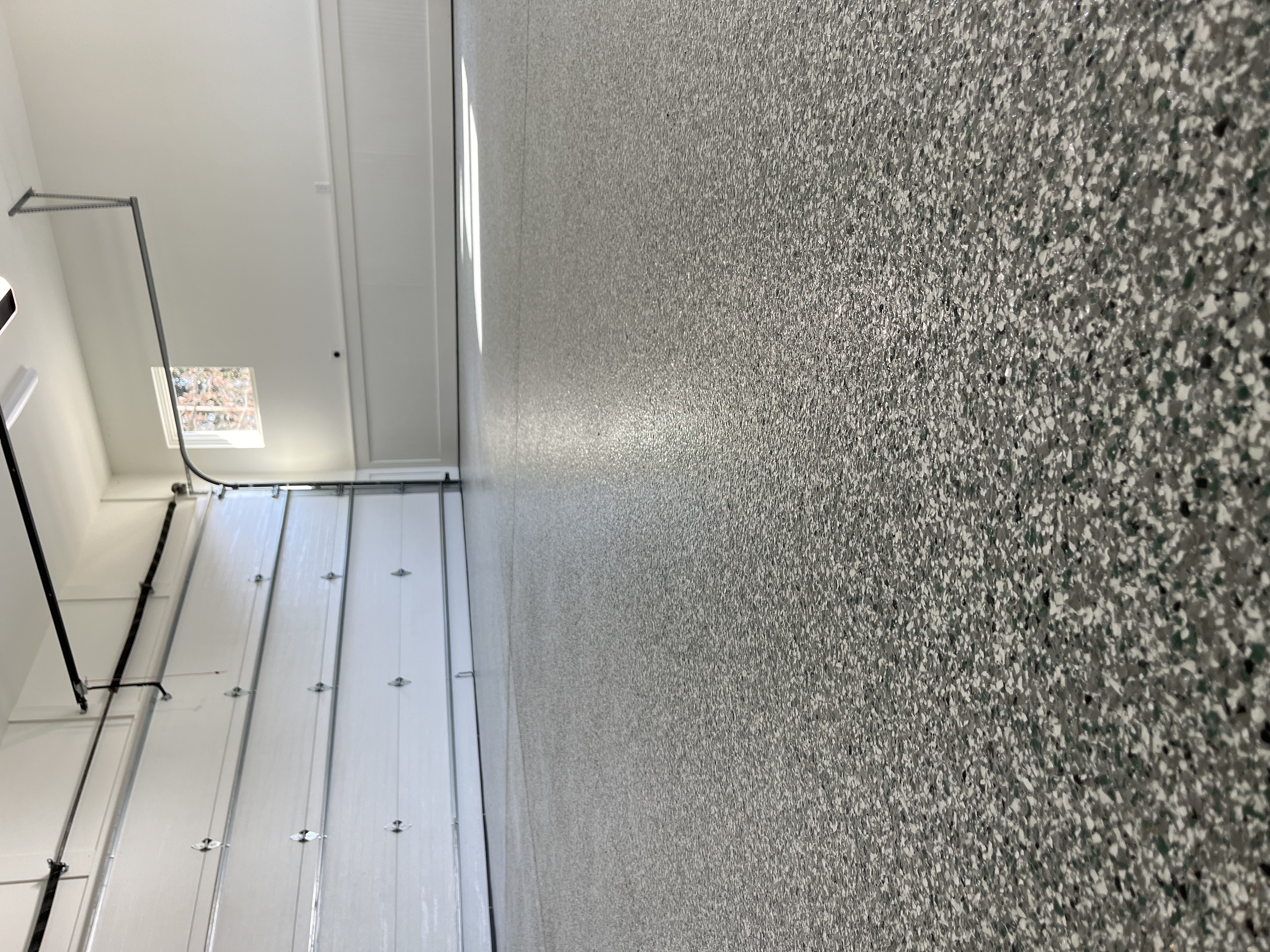 Epoxy garage floor light grey flake residential caution curing