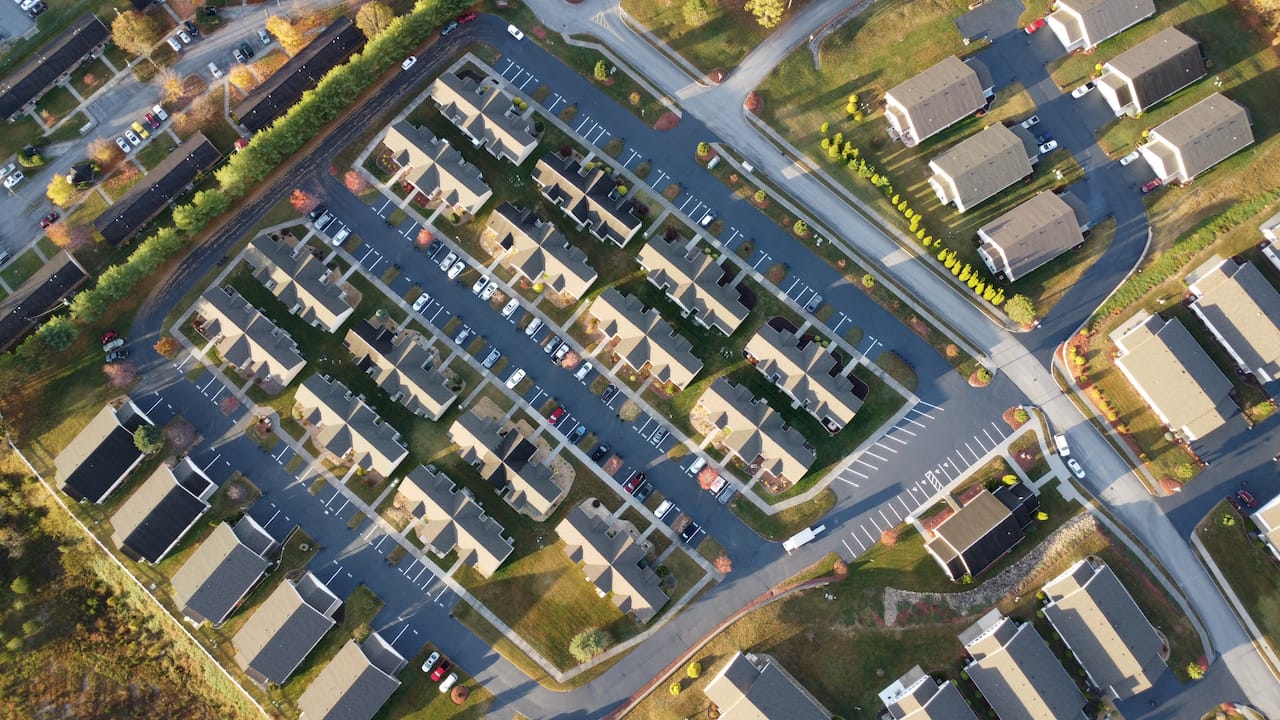 HOA residential complex parking lot sealcoating striping aerial