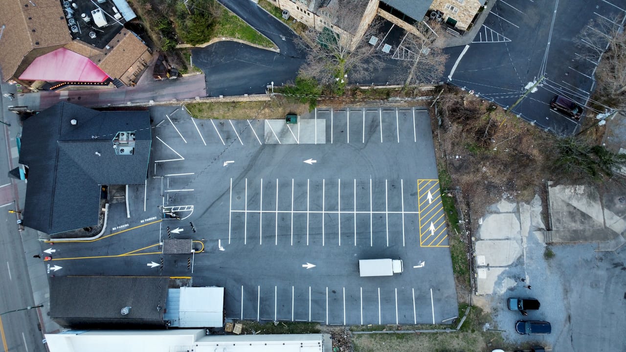 Gatlinburg commercial lot sealcoating striping aerial Tennessee