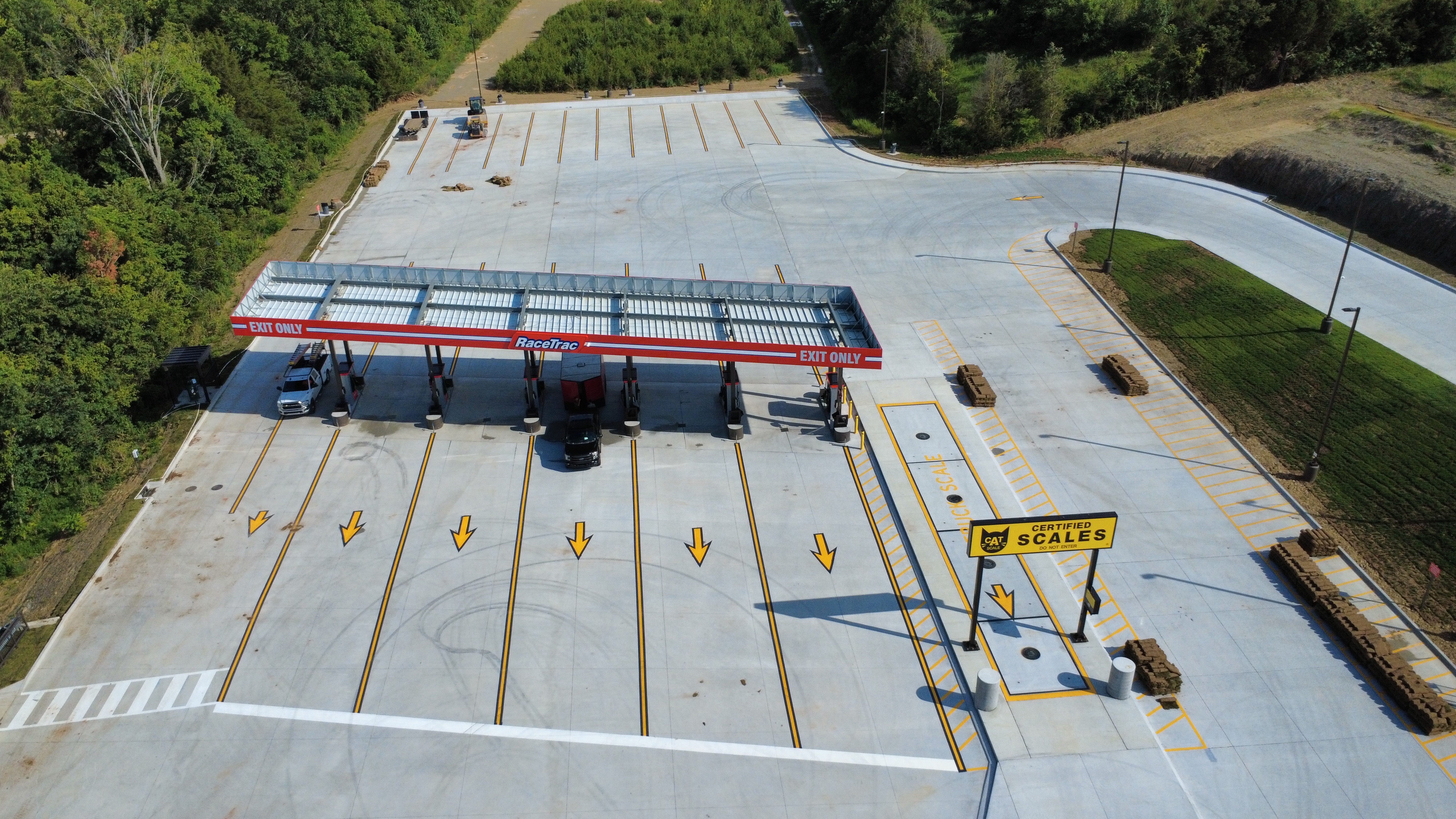 RaceTrac concrete pavement markings aerial drone yellow