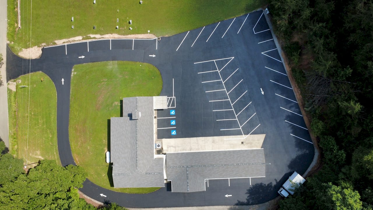 Church parking lot sealcoating Tennessee aerial