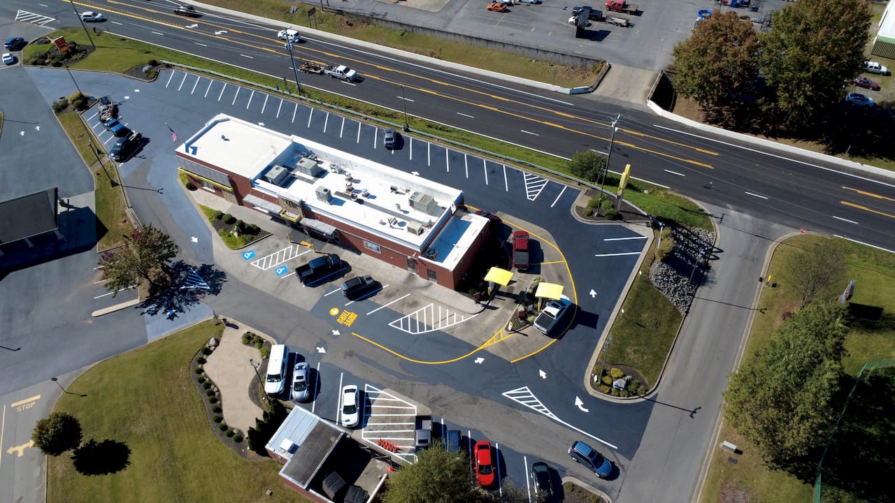 Drive thru pavement markings fast food aerial