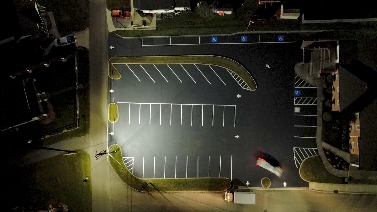 Church parking lot striping night aerial sealcoating Tennessee