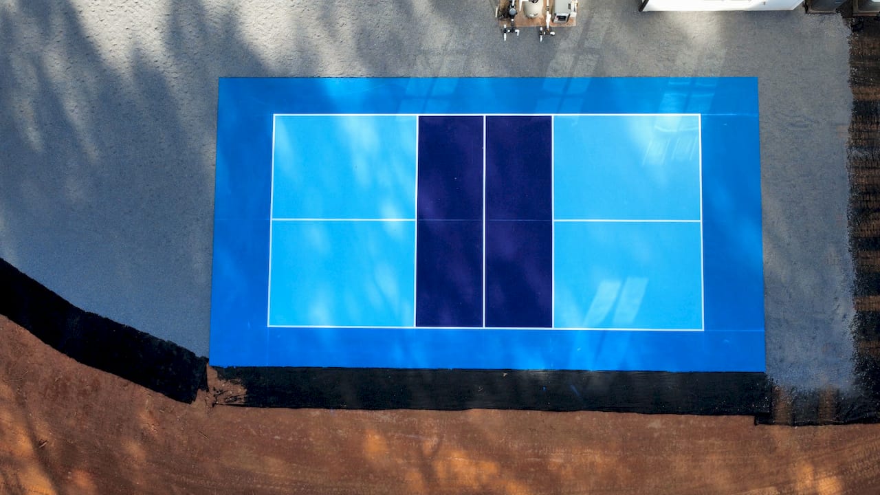 Outdoor pickleball court blue navy aerial drone Tennessee